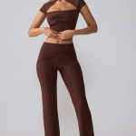 Mesh Mid Rise Twist Overlay Flare Trousers in Espresso - Image 5