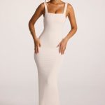 Textured Jersey Square Neck Cowl Back Maxi Dress in Ivory - Image 7
