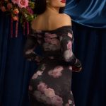 Off-Shoulder Ruched Mini Dress in Black Floral Print - Image 6