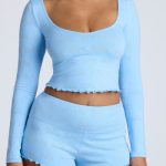 Long Sleeve Scoop Neck Pointelle Crop Top in Baby Blue