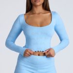 Long Sleeve Scoop Neck Pointelle Crop Top in Baby Blue - Image 5