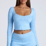 Long Sleeve Scoop Neck Pointelle Crop Top in Baby Blue - Image 6