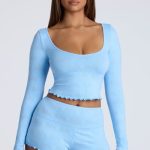 Long Sleeve Scoop Neck Pointelle Crop Top in Baby Blue - Image 7