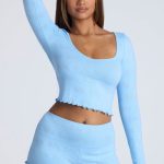 Long Sleeve Scoop Neck Pointelle Crop Top in Baby Blue - Image 8