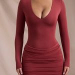 Modal-Cashmere Blend Draped Long-Sleeve Mini Dress in Brick Red - Image 2