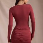 Modal-Cashmere Blend Draped Long-Sleeve Mini Dress in Brick Red - Image 3