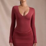 Modal-Cashmere Blend Draped Long-Sleeve Mini Dress in Brick Red - Image 5