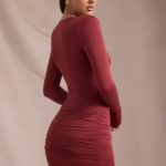 Modal-Cashmere Blend Draped Long-Sleeve Mini Dress in Brick Red - Image 6