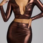 Mid Rise Metallic Jersey Gown Skirt in Copper Bronze - Image 4