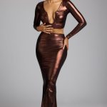 Mid Rise Metallic Jersey Gown Skirt in Copper Bronze - Image 5