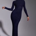 Embellished Long Sleeve Evening Gown in Royal Indigo