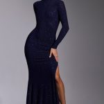 Embellished Long Sleeve Evening Gown in Royal Indigo - Image 5