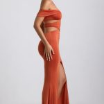 Slinky Jersey Cut-Out Halterneck Gown in Burnt Orange - Image 3
