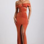 Slinky Jersey Cut-Out Halterneck Gown in Burnt Orange - Image 4