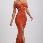 Slinky Jersey Cut-Out Halterneck Gown in Burnt Orange - Image 5