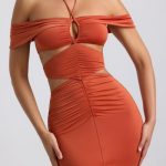 Slinky Jersey Cut-Out Halterneck Gown in Burnt Orange - Image 7