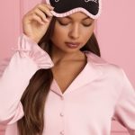 Ruffle-Trim Embroidered Eye Mask in Black