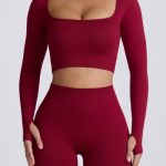 Super Sculpt Seamless Long-Sleeve Crop Top in Burgundy - Image 5