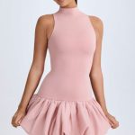 Turtleneck Drop-Waist Bubble Hem Mini Dress in Pink Mauve