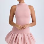 Turtleneck Drop-Waist Bubble Hem Mini Dress in Pink Mauve - Image 6