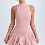Turtleneck Drop-Waist Bubble Hem Mini Dress in Pink Mauve - Image 7