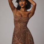 Sheer Embellished Scoop Neck Mini Dress in Mocha