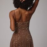 Sheer Embellished Scoop Neck Mini Dress in Mocha - Image 2
