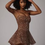 Sheer Embellished Scoop Neck Mini Dress in Mocha - Image 7