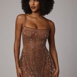 Sheer Embellished Scoop Neck Mini Dress in Mocha - Image 8