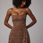 Sheer Embellished Scoop Neck Mini Dress in Mocha - Image 16