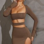 Long Sleeve Cut Out Mini Dress in Taupe