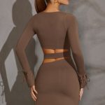 Long Sleeve Cut Out Mini Dress in Taupe - Image 2