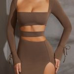 Long Sleeve Cut Out Mini Dress in Taupe - Image 4