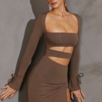 Long Sleeve Cut Out Mini Dress in Taupe - Image 7