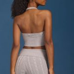 Cable-Knit Halterneck Crop Top in Grey Marl - Image 2