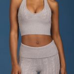 Cable-Knit Halterneck Crop Top in Grey Marl - Image 4
