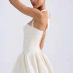 Halterneck Lace-Up Bubble Hem Corset Micro Mini Dress in Ivory - Image 7