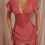 Draped Corset Mini Dress in Terracotta - Image 4