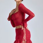 Lace Ruffle Mini Skirt in Cherry Red - Image 3
