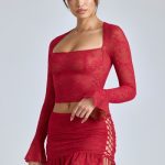 Lace Ruffle Mini Skirt in Cherry Red - Image 7