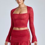 Lace Ruffle Mini Skirt in Cherry Red - Image 8