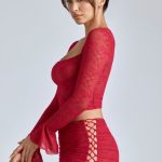 Lace Ruffle Mini Skirt in Cherry Red - Image 9