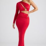 Single Sleeve Cut Out Evening Gown in Fire Red