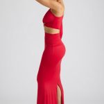 Single Sleeve Cut Out Evening Gown in Fire Red - Image 3