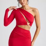 Single Sleeve Cut Out Evening Gown in Fire Red - Image 5