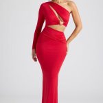 Single Sleeve Cut Out Evening Gown in Fire Red - Image 6