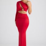 Single Sleeve Cut Out Evening Gown in Fire Red - Image 7