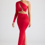 Single Sleeve Cut Out Evening Gown in Fire Red - Image 8
