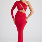 Single Sleeve Cut Out Evening Gown in Fire Red - Image 9