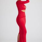 Single Sleeve Cut Out Evening Gown in Fire Red - Image 10